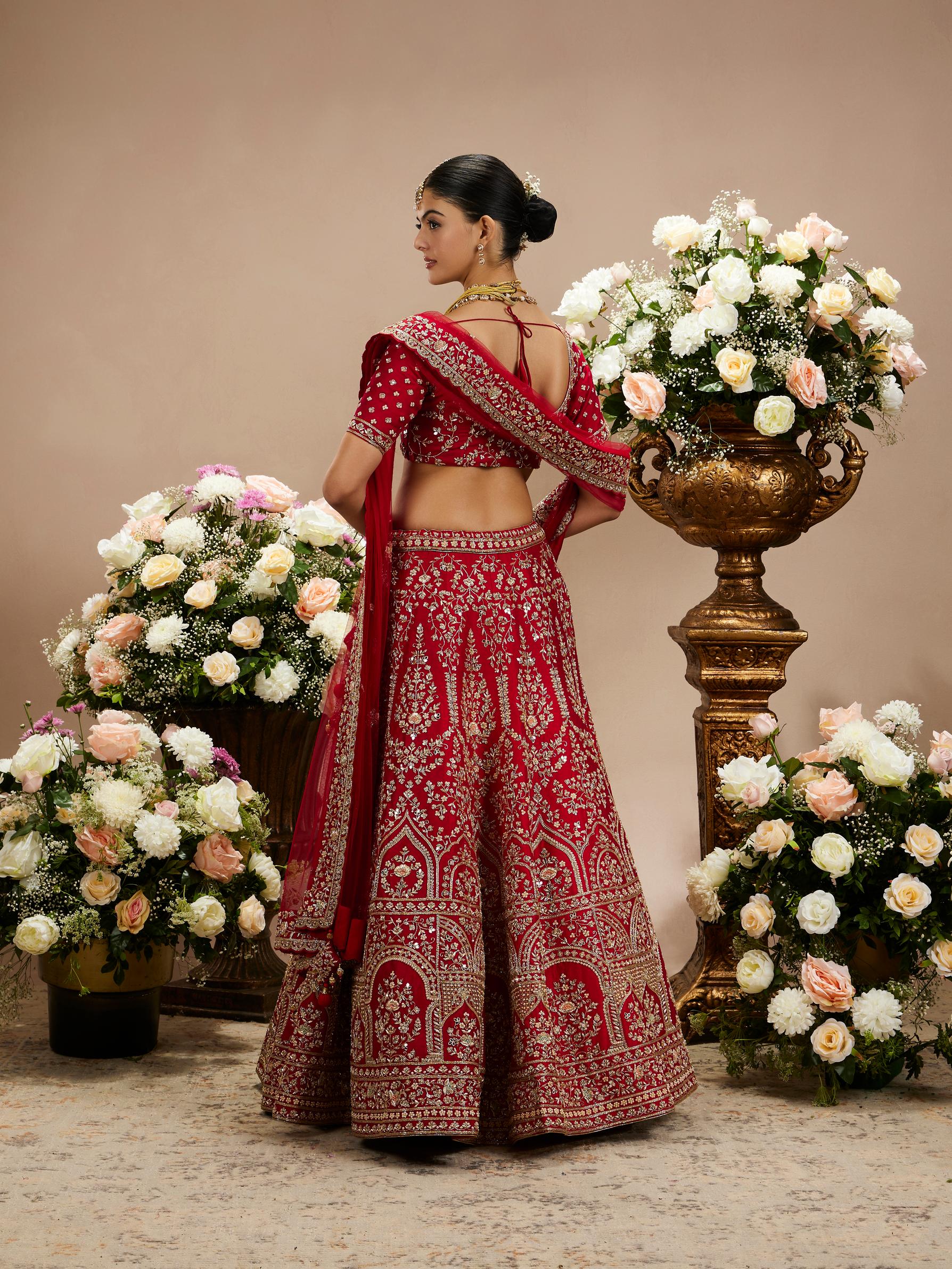 Twamev Women Scarlet Red Floral Embroidered Lehenga with Darbar Motifs