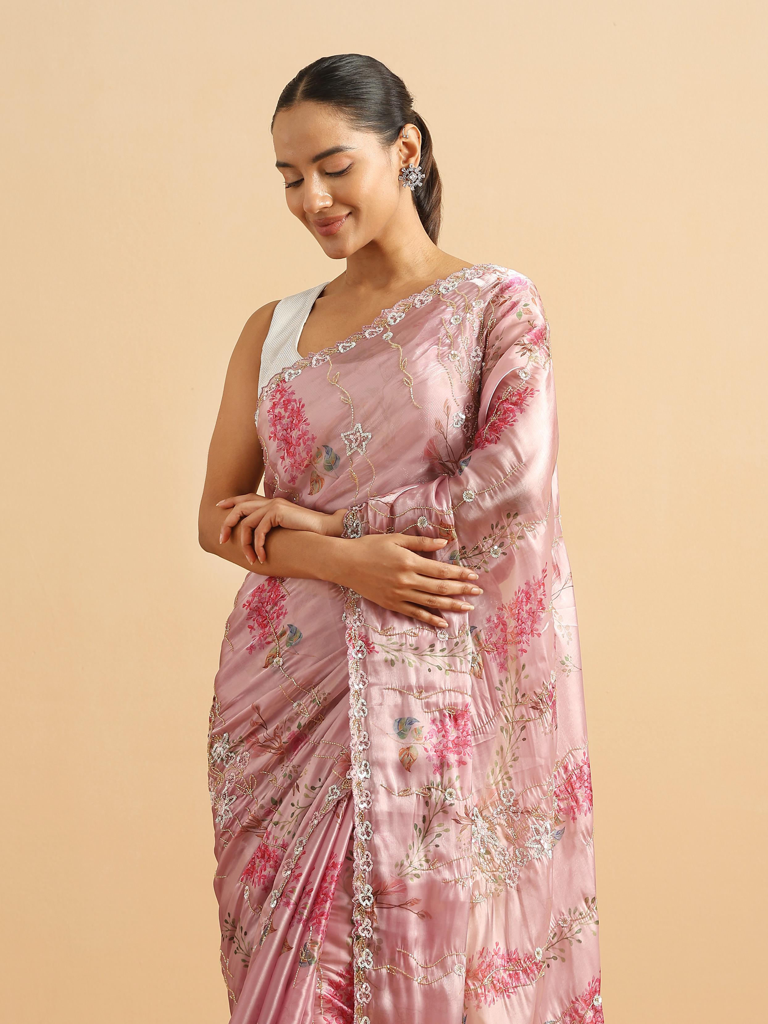 Twamev Women Majestic Purple Floral Organza Saree