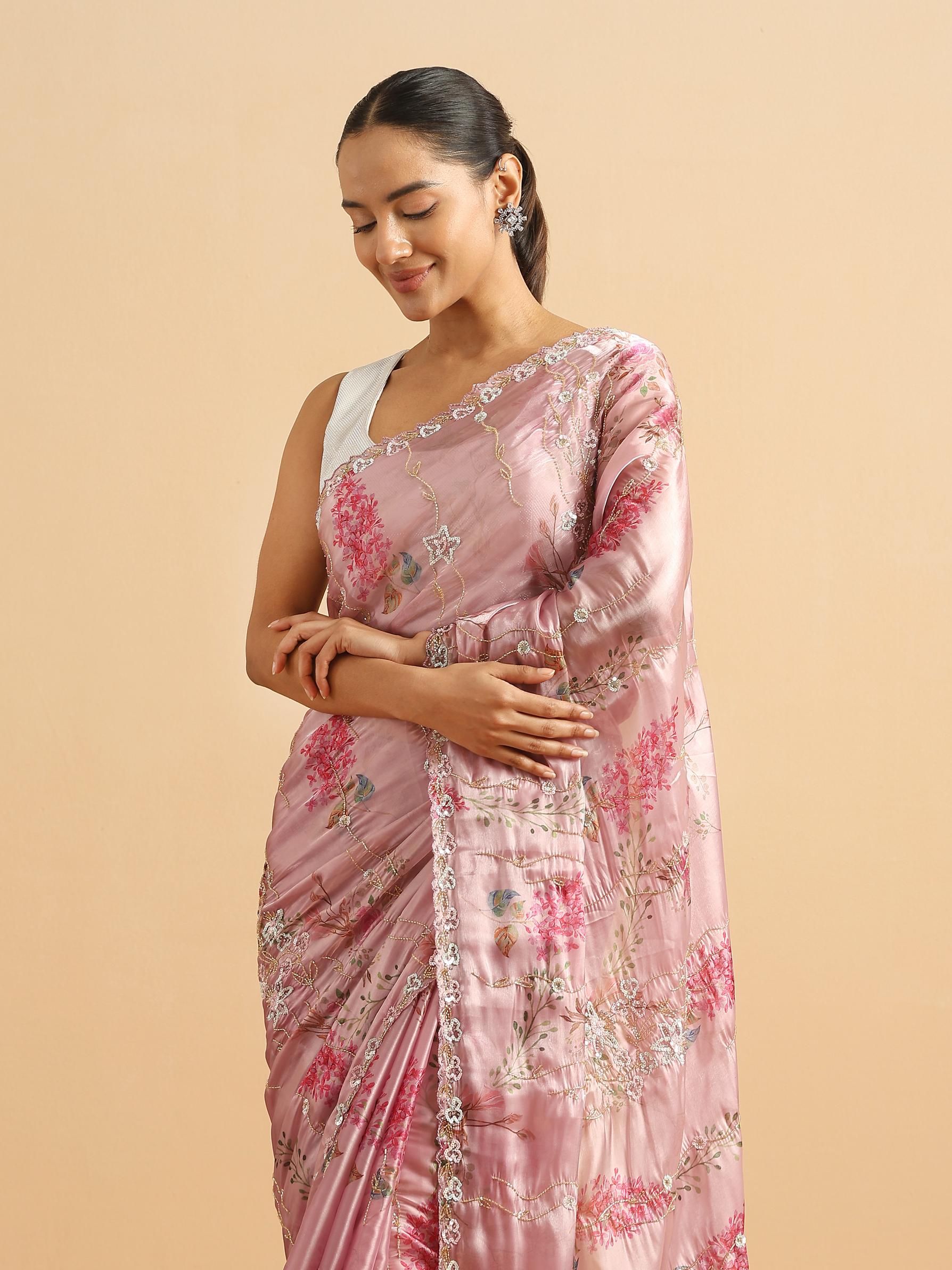 Twamev Women Majestic Purple Floral Organza Saree