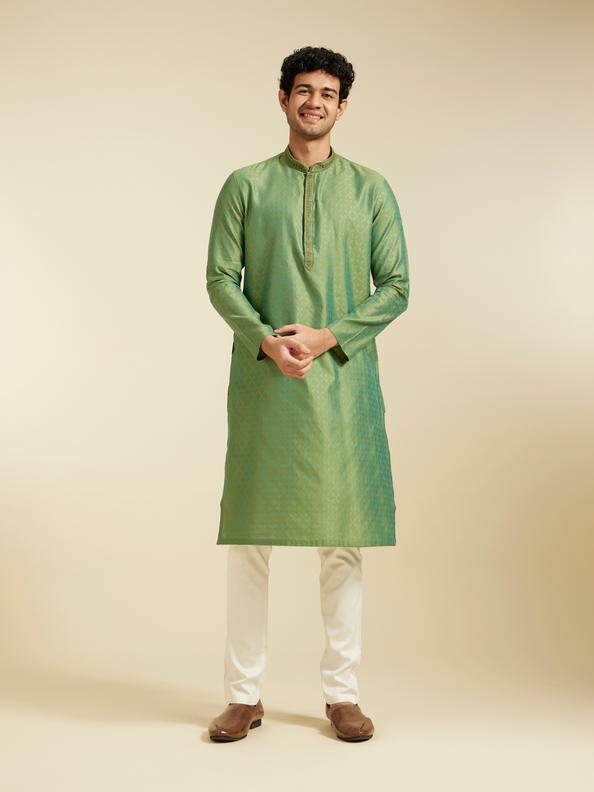 Diwas Men Forest Green Grid Patterned Kurta with Embroidered Neckline