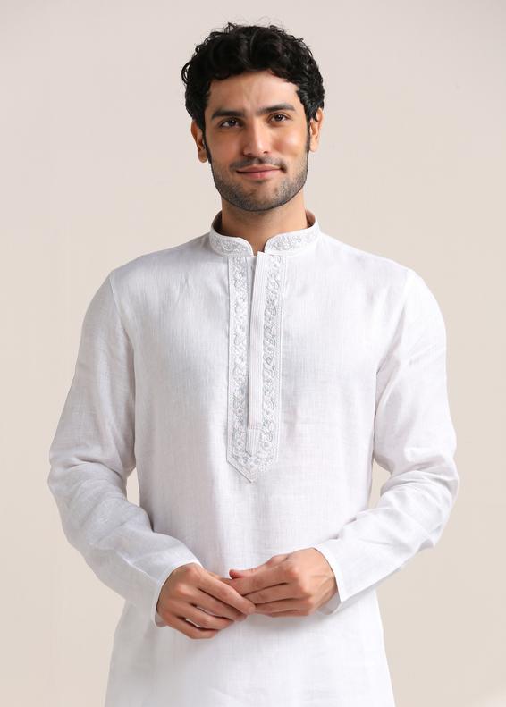 Twamev Men Soft Cream Embroidered Neck Kurta Set