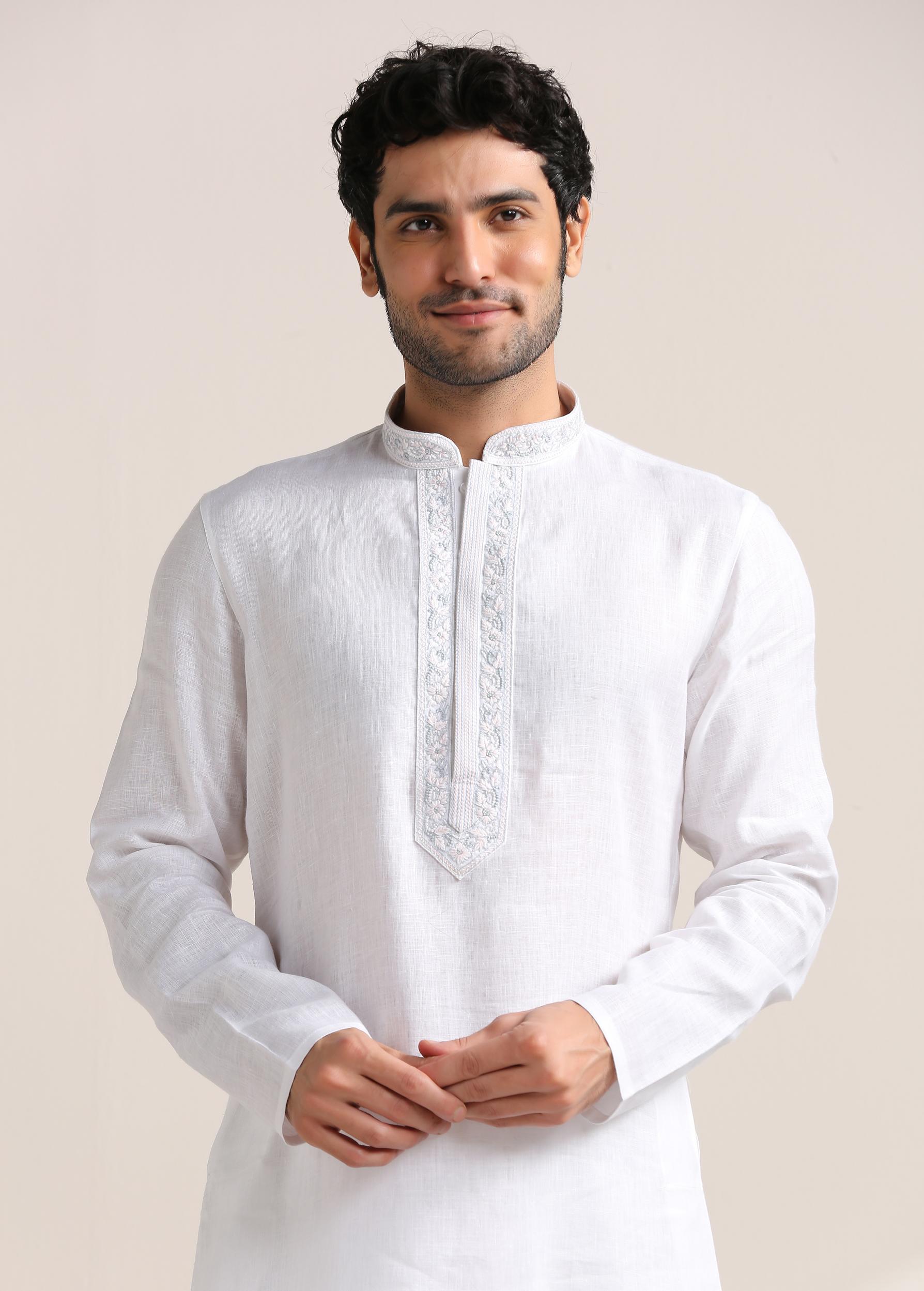 Twamev Men Soft Cream Embroidered Neck Kurta Set