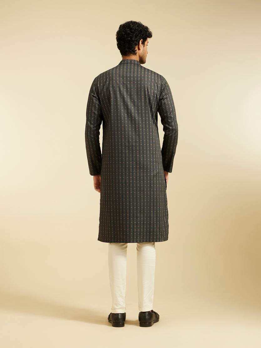 Diwas Men Charcoal Black Linear Printed Kurta