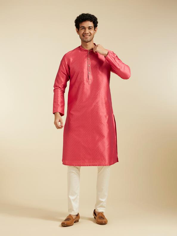Diwas Men Coral Peach Self Striped & Jaal Patterned Kurta