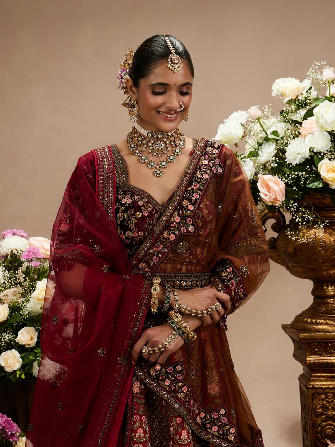 Twamev Women Maroon Red Jhallar Patterned Lehenga with Floral, Elephant Motifs And Sequin Work