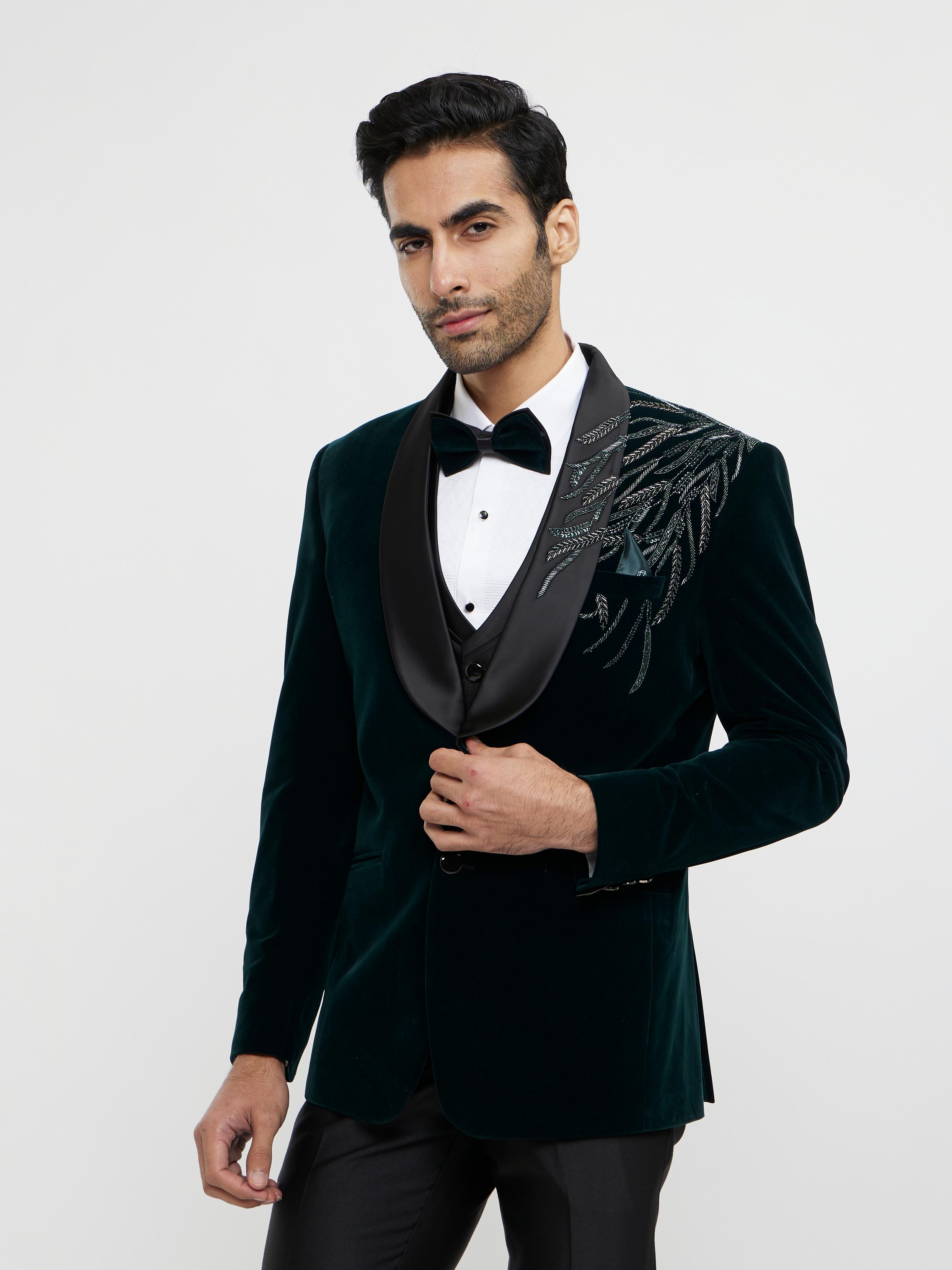 Twamev Men Elegant Dark Green Velvet Suit Set
