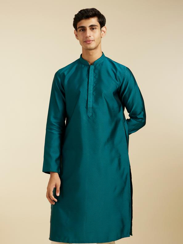 Diwas Men Teal Green Lattice Patterned Kurta