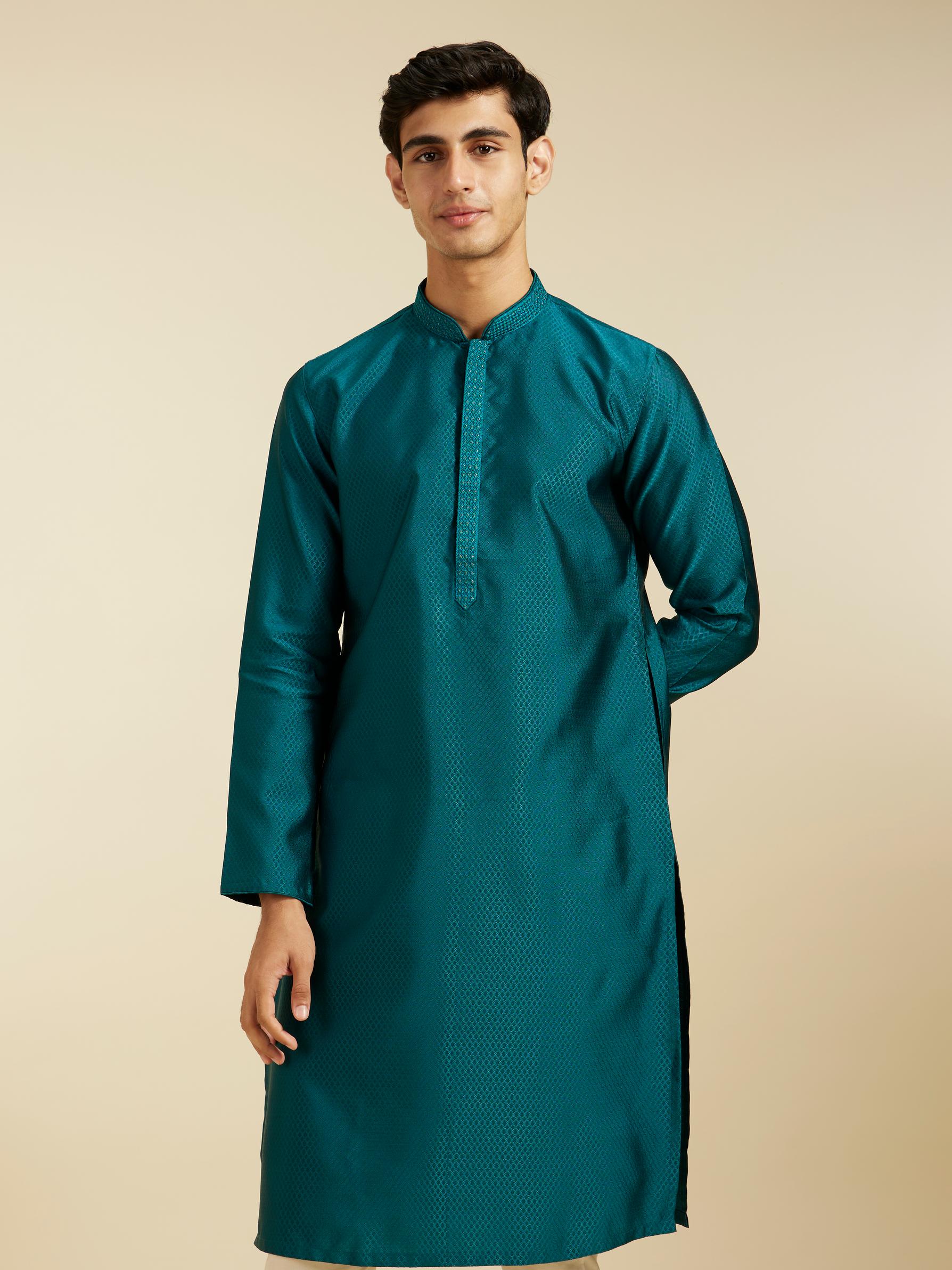 Diwas Men Teal Green Lattice Patterned Kurta