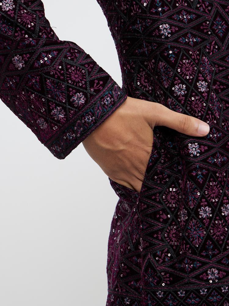 Twamev Men Wine Red Sherwani Set with Geometric Patterns and Rhinestones