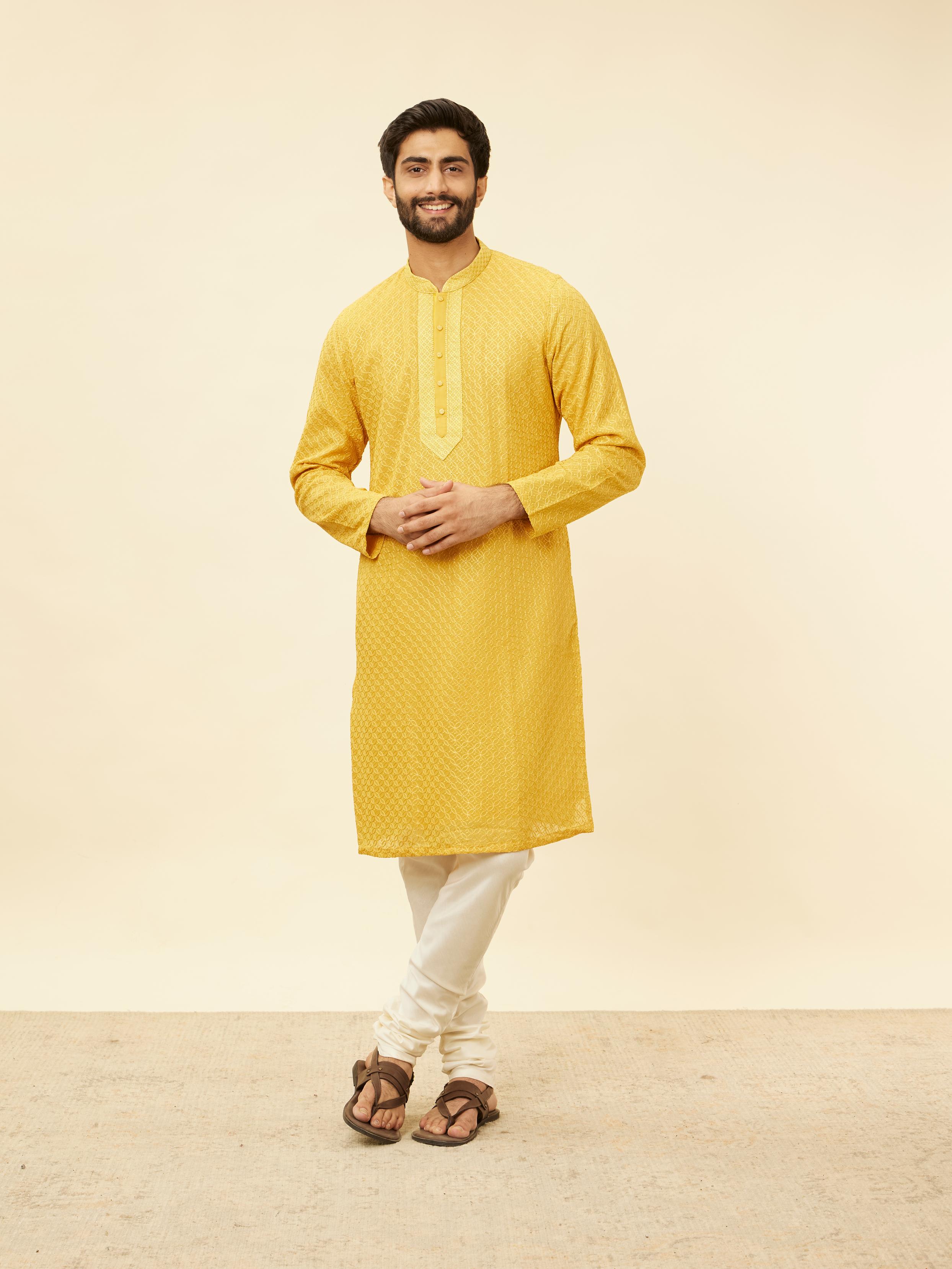 Twamev Men Gleaming Mustard Kurta Pajama Set