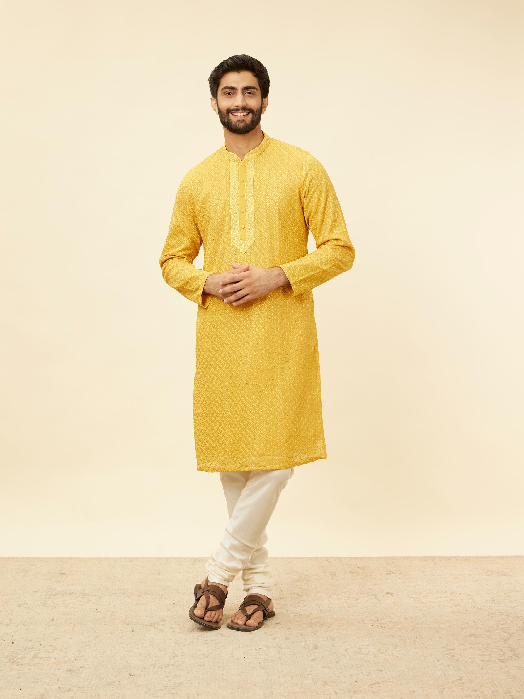 Twamev Men Gleaming Mustard Kurta Pajama Set