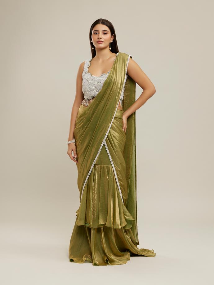 Twamev Women Majestic Mehandi Green Tissue Saree