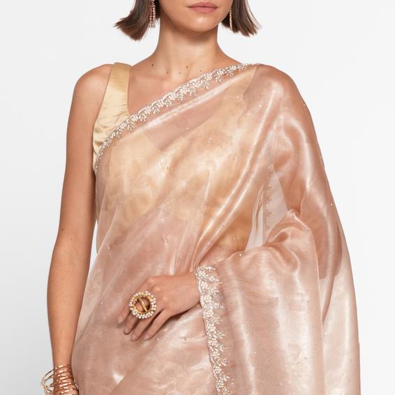 Twamev Women Peach Elegance Organza Saree