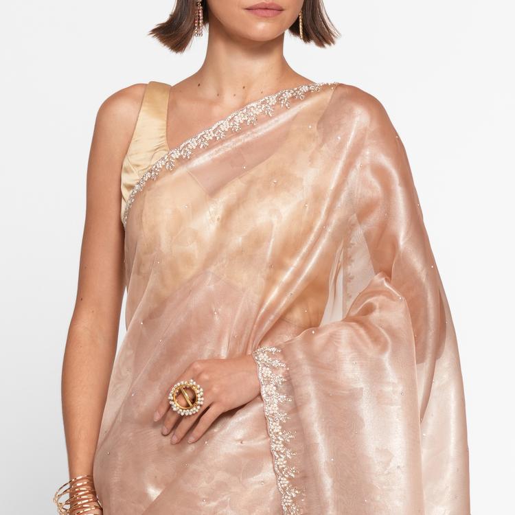 Twamev Women Peach Elegance Organza Saree