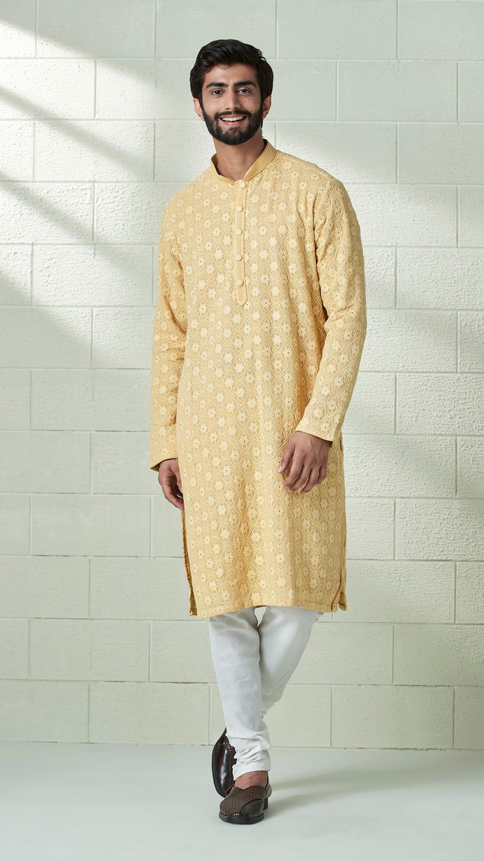 Twamev Men Fawn Yellow Chikankari Embroidered Kurta Set