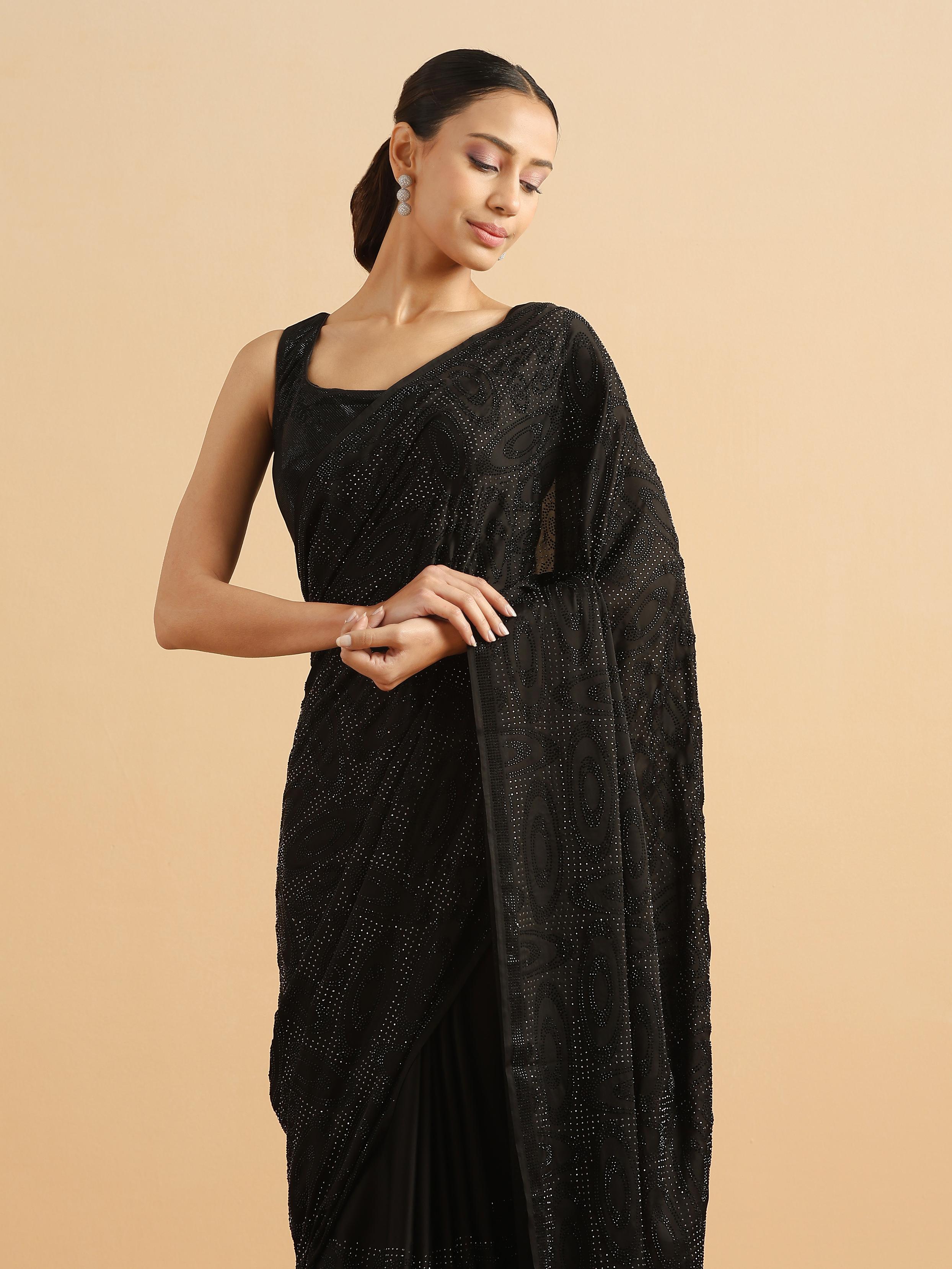 Twamev Women Midnight Glamour Black Satin Saree