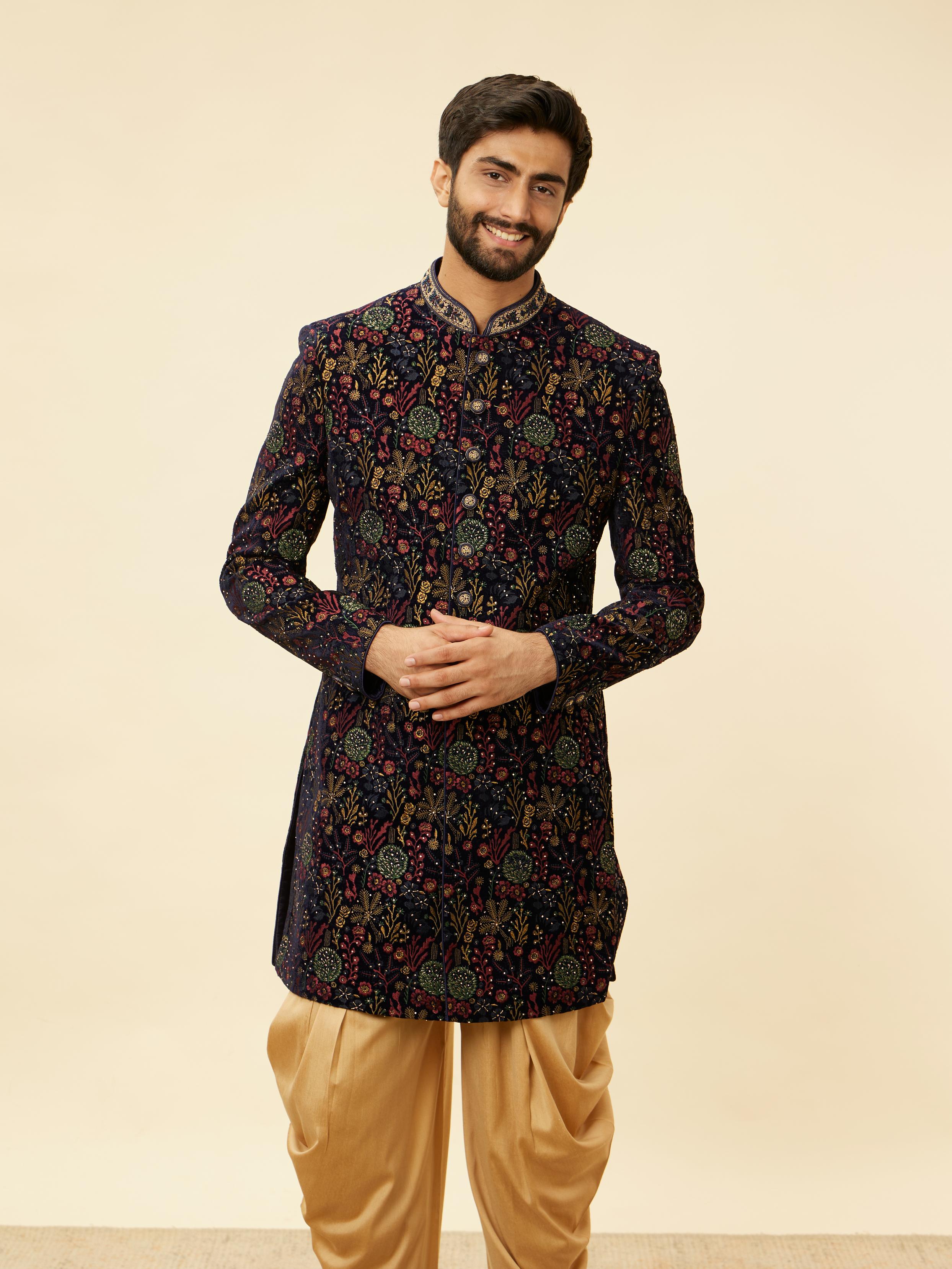 Twamev Men Royal Velvet Emblazoned Blue Indo Western