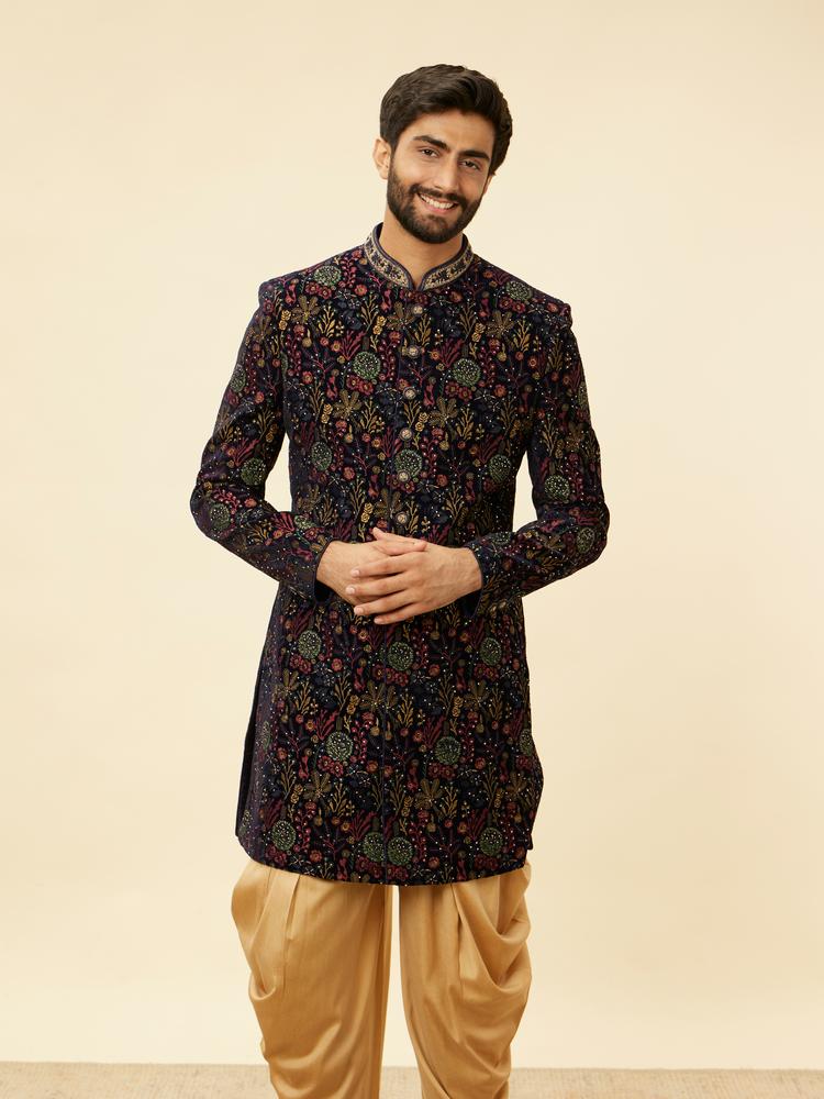 Twamev Men Royal Velvet Emblazoned Blue Indo Western