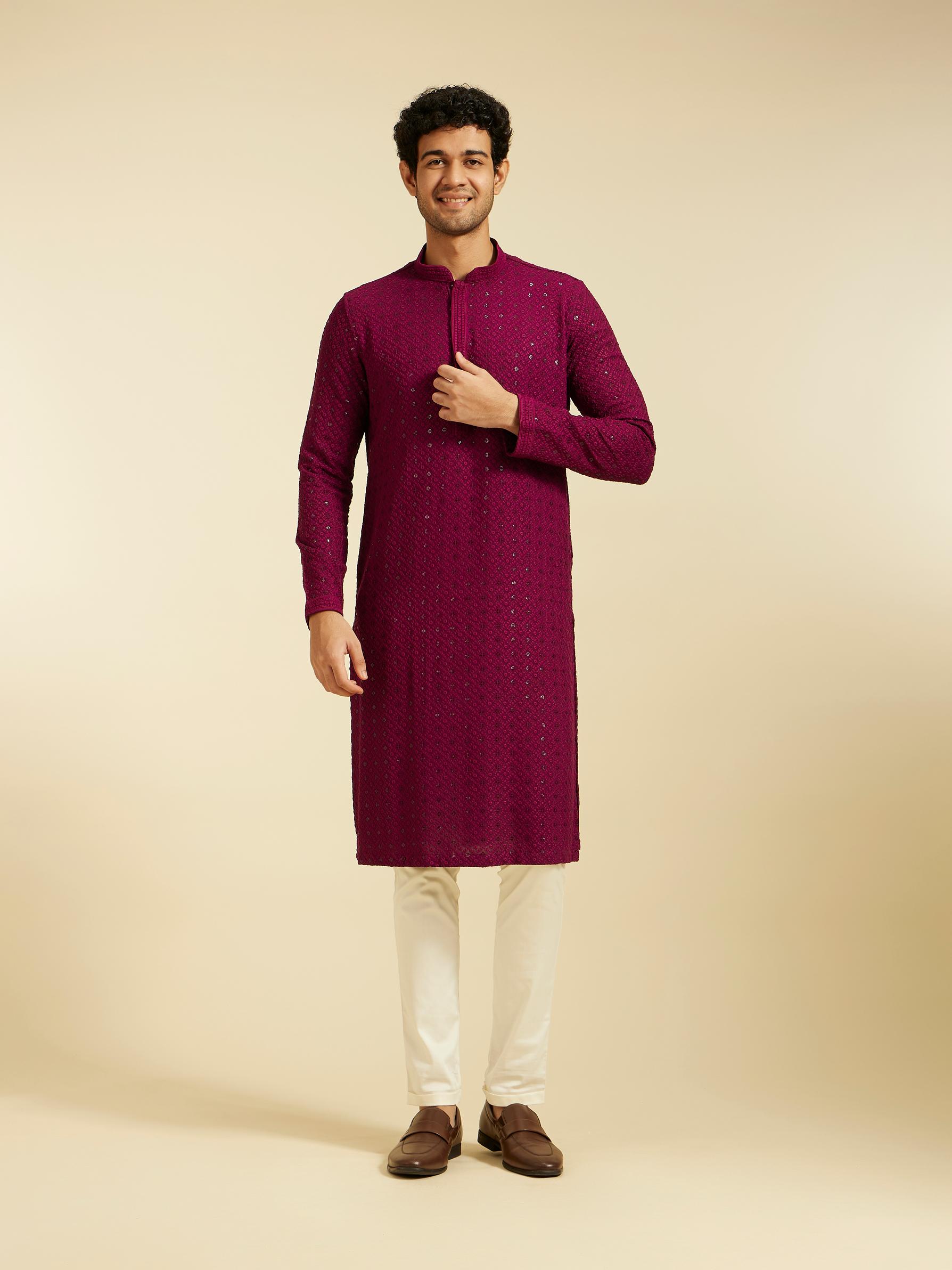 Diwas Men Wine Red Chikankari Kurta with Sequin