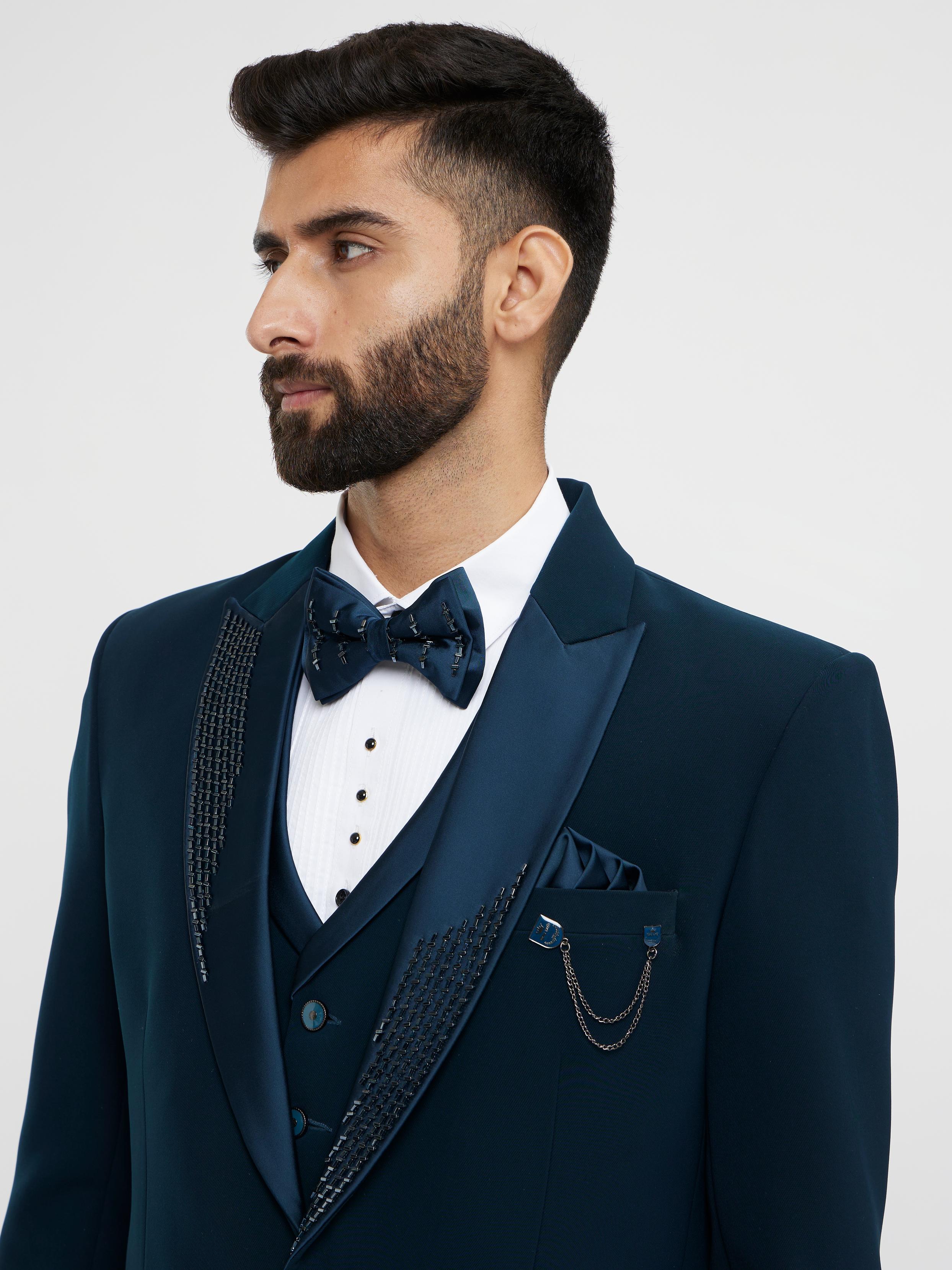 Twamev Men Teal Green Plain Classic Suit Set with Cutdana Work
