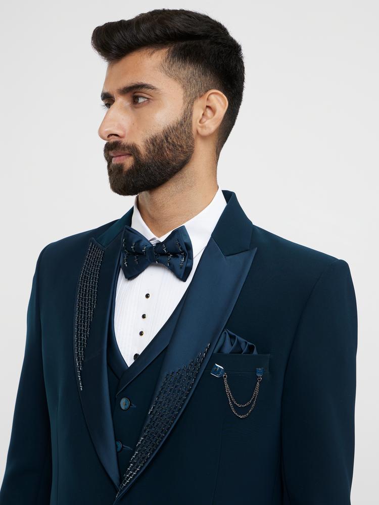 Twamev Men Teal Green Plain Classic Suit Set with Cutdana Work