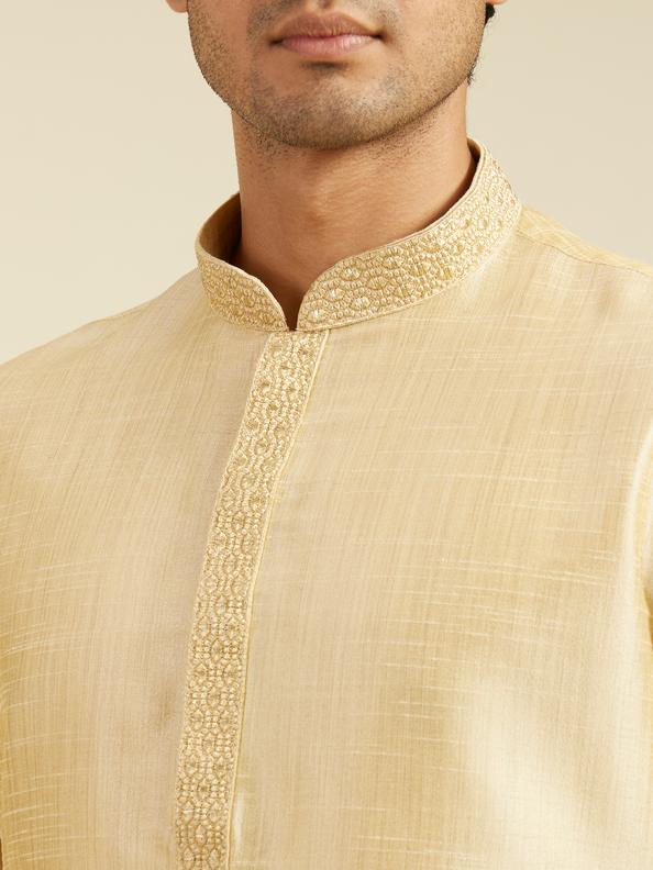 Diwas Men Light Fawn Self Textured Kurta with Embroidered Neckline