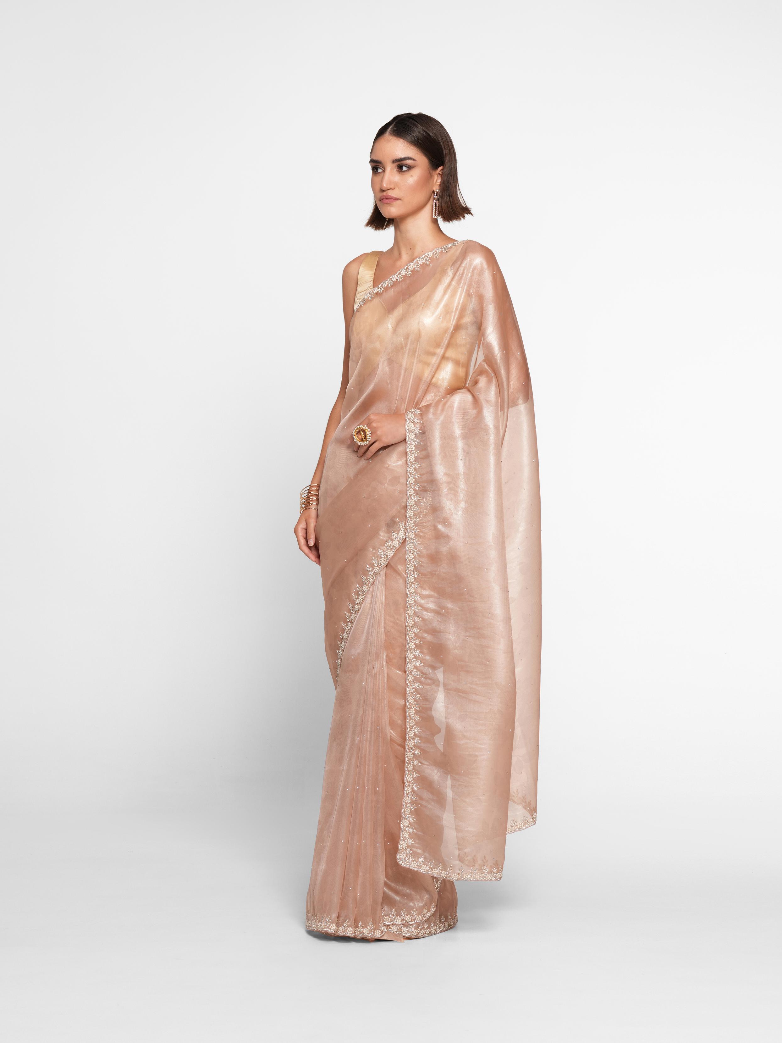 Twamev Women Peach Elegance Organza Saree