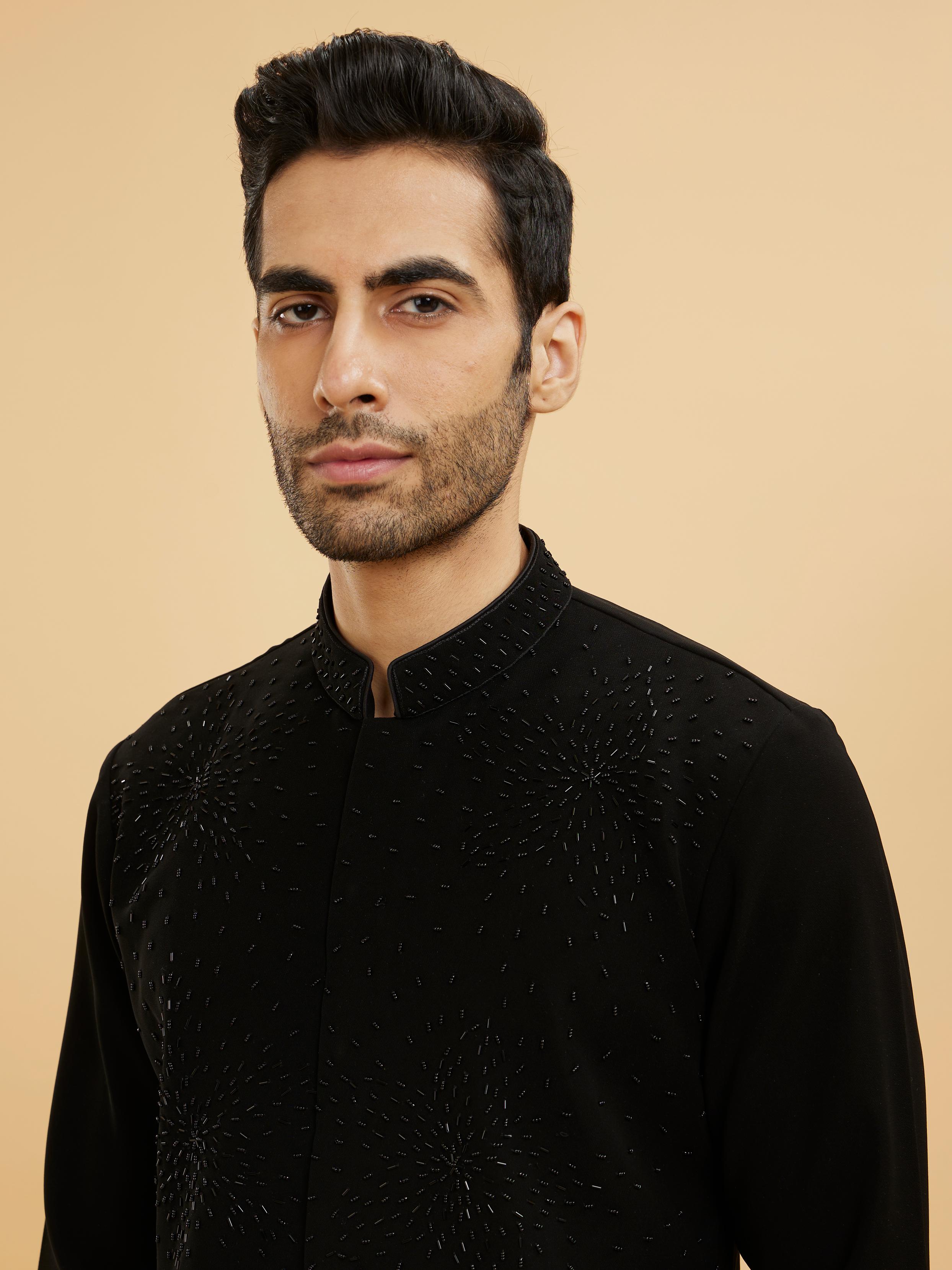 Twamev Men Ebony Black Kurta Set with Cutdana Work