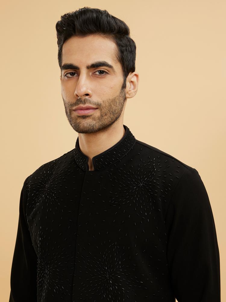 Twamev Men Ebony Black Kurta Set with Cutdana Work
