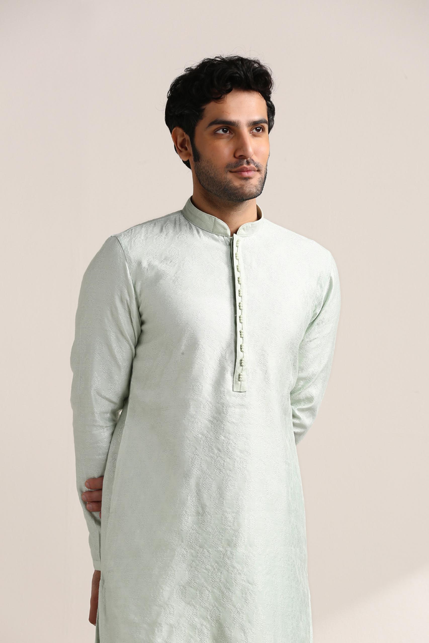 Twamev Men Pale Aqua Green Jacquard Patterned Kurta Set