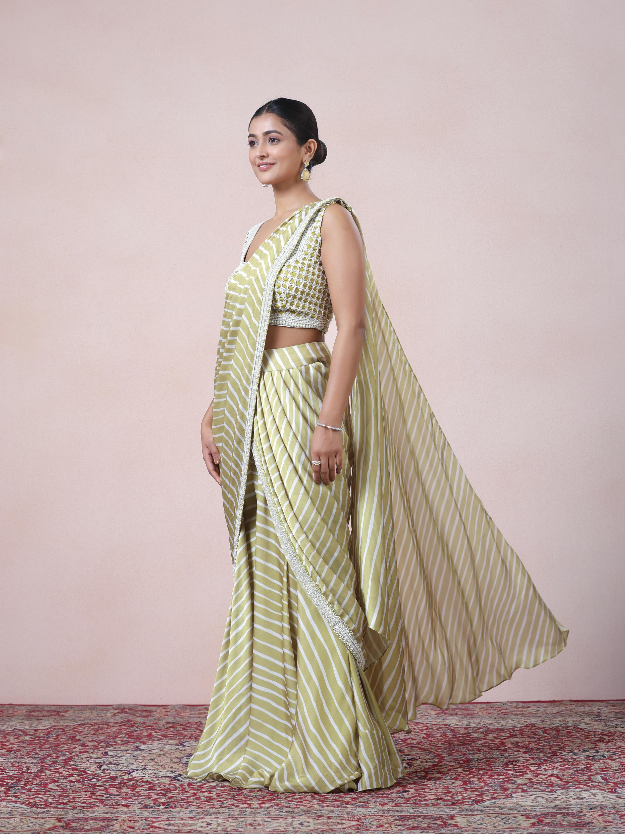 Twamev Women Chic Sophistication in Green Satin Indo Western Saree