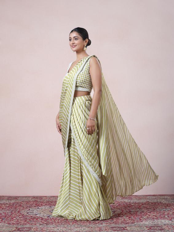 Twamev Women Chic Sophistication in Green Satin Indo Western Saree