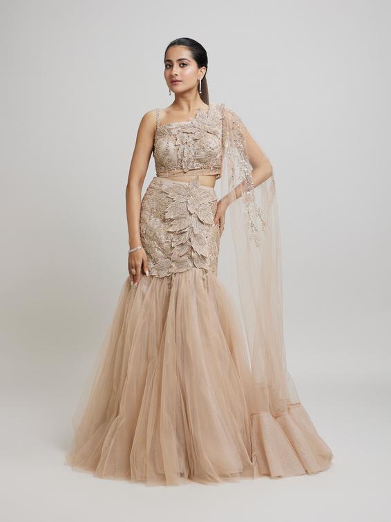 Twamev Women Beige Elegance Net Lehenga