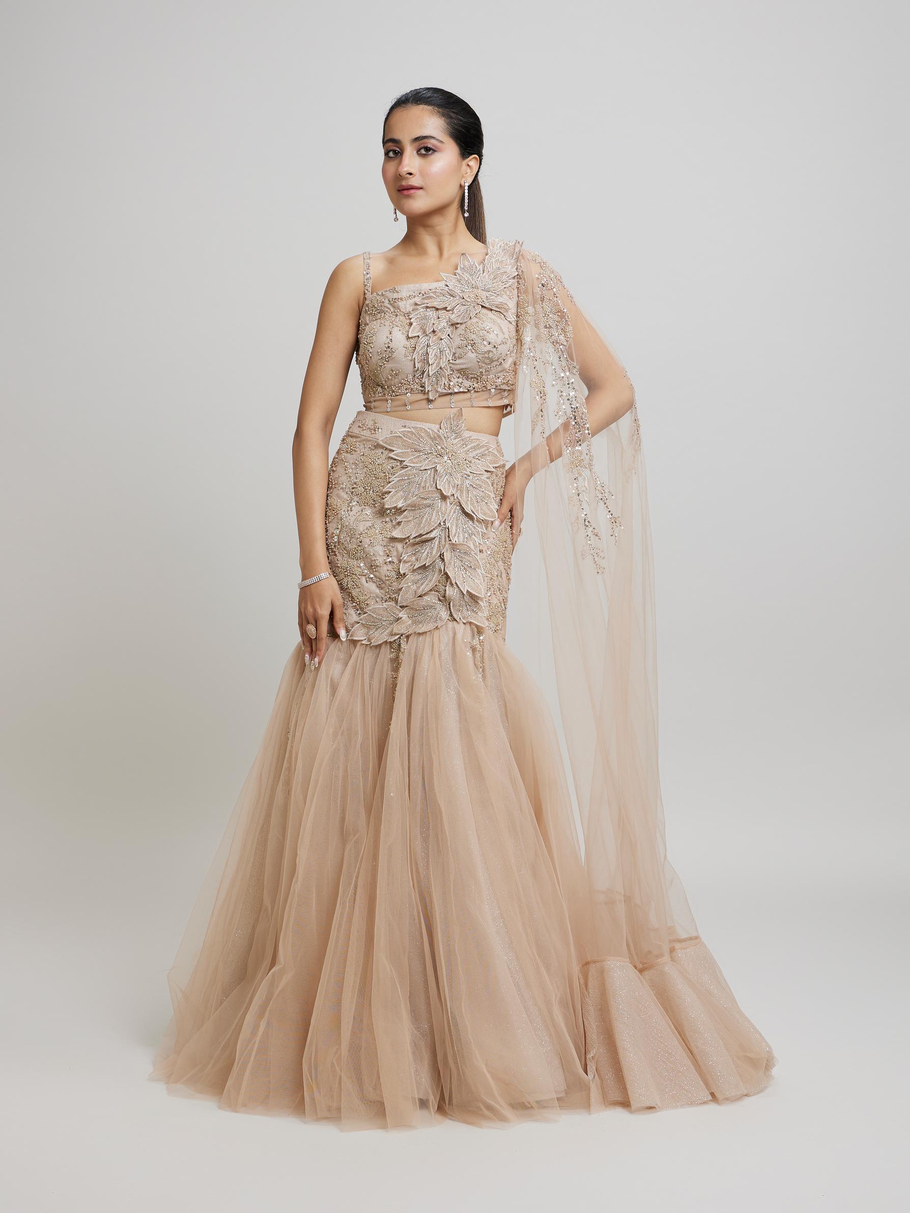 Twamev Women Beige Elegance Net Lehenga