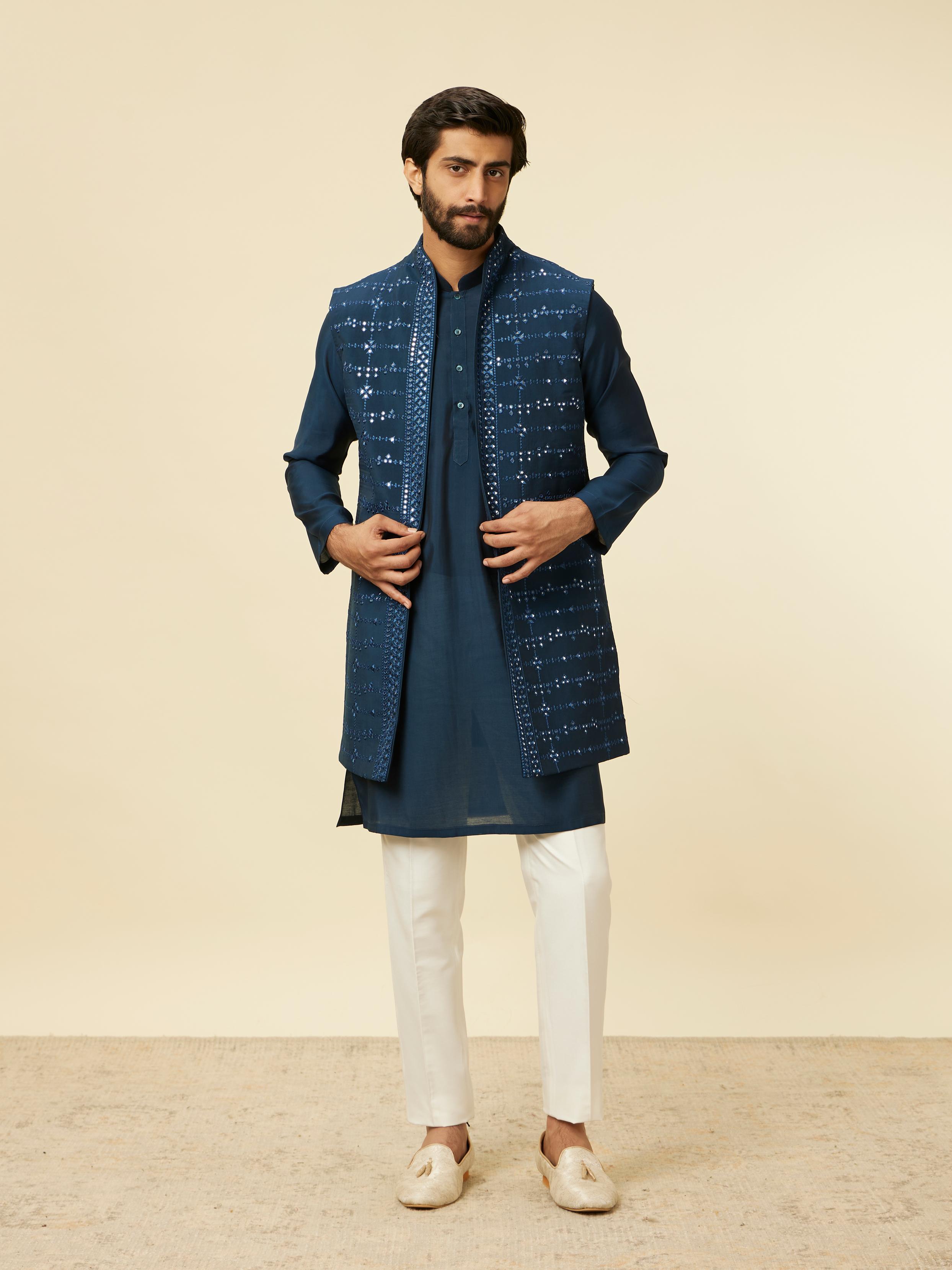 Twamev Men Teal Blue Kurta Jacket Set