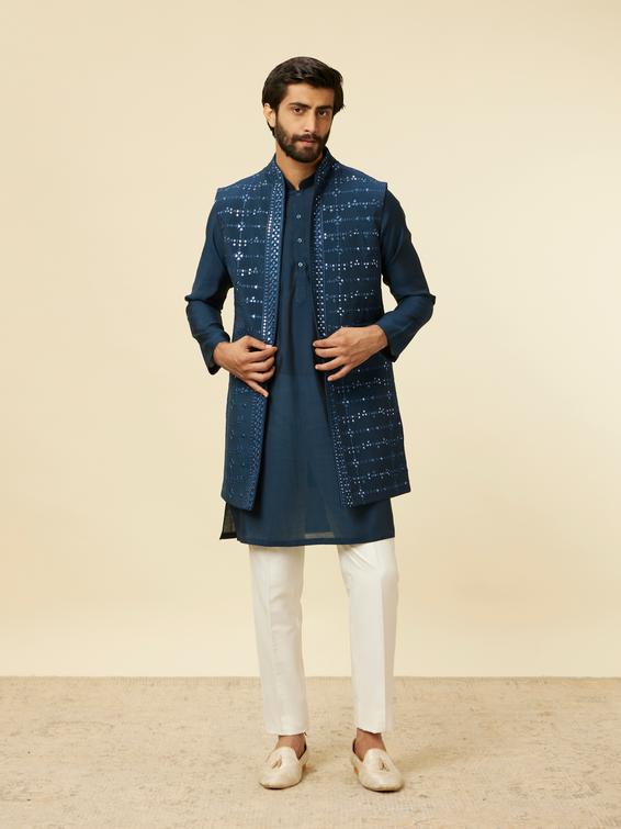 Twamev Men Teal Blue Kurta Jacket Set