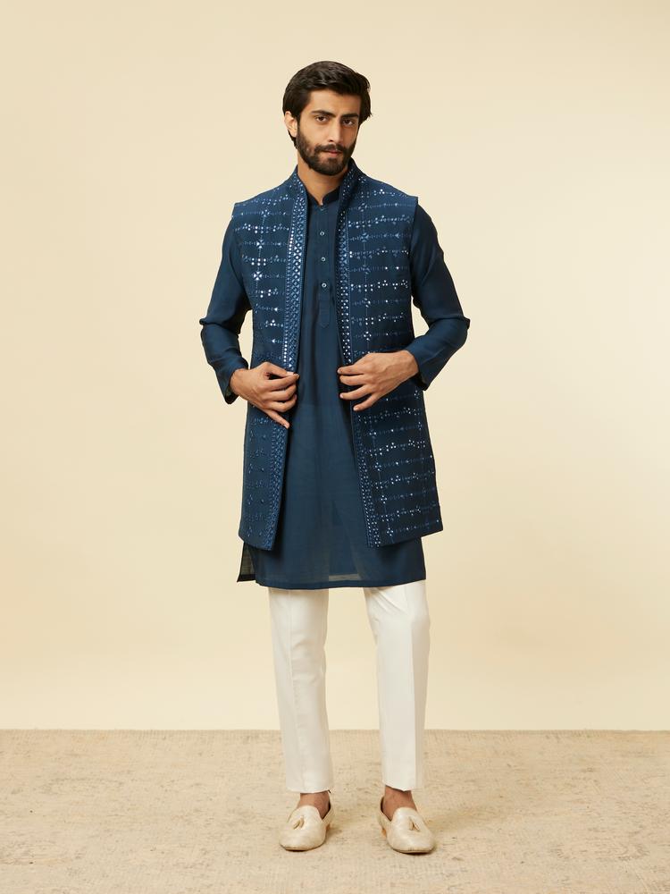 Twamev Men Teal Blue Kurta Jacket Set