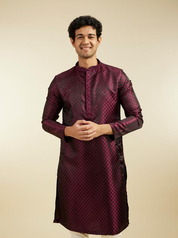 Diwas Men Wine Red Buta Jaal Patterned Kurta with Embroidered Neckline