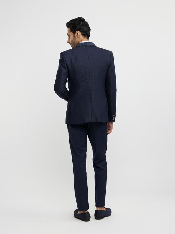 Twamev Men Midnight Blue Jaal Patterned Suit Set with Sequin Work
