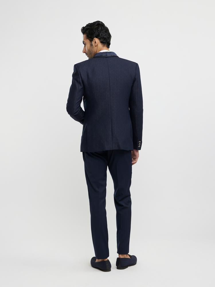 Twamev Men Midnight Blue Jaal Patterned Suit Set with Sequin Work