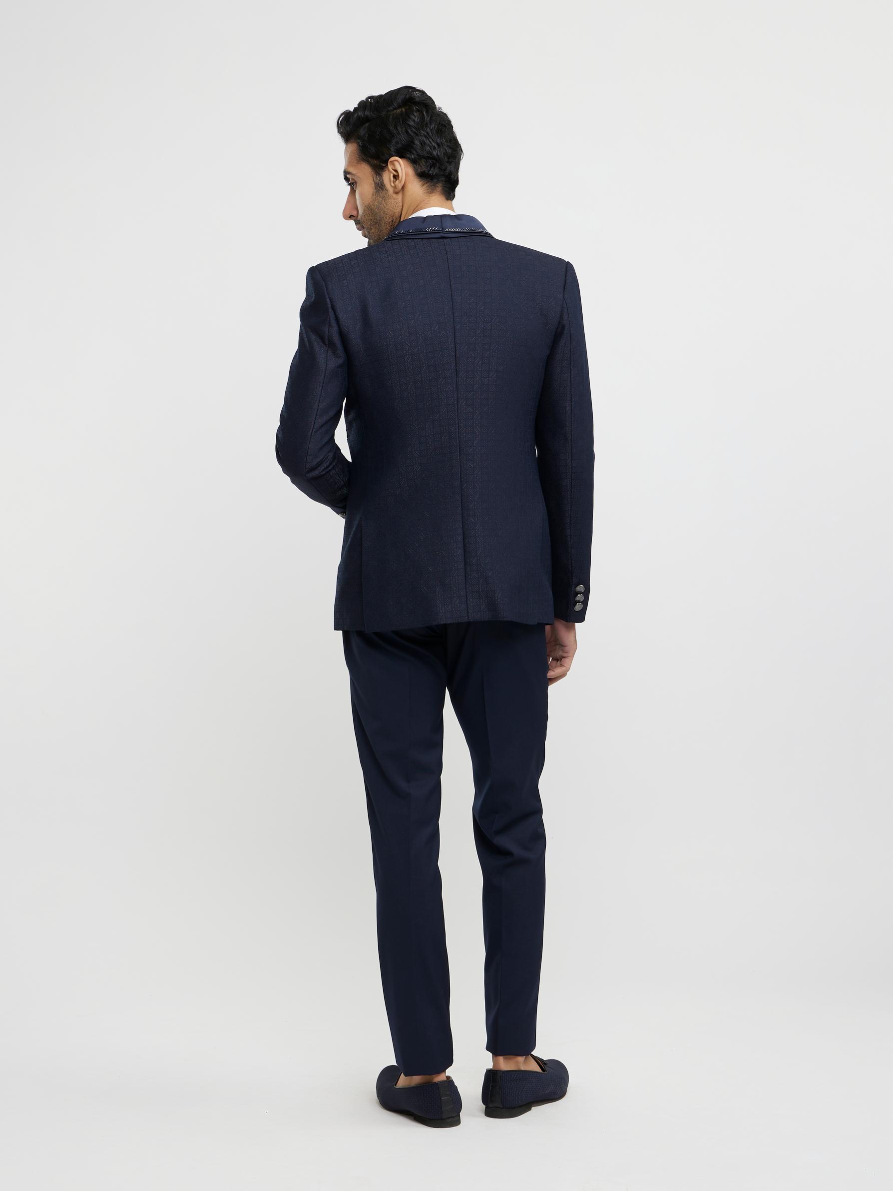 Twamev Men Midnight Blue Jaal Patterned Suit Set with Sequin Work