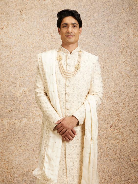 Twamev Men Cream Imperial Jaal Patterned Sherwani Set
