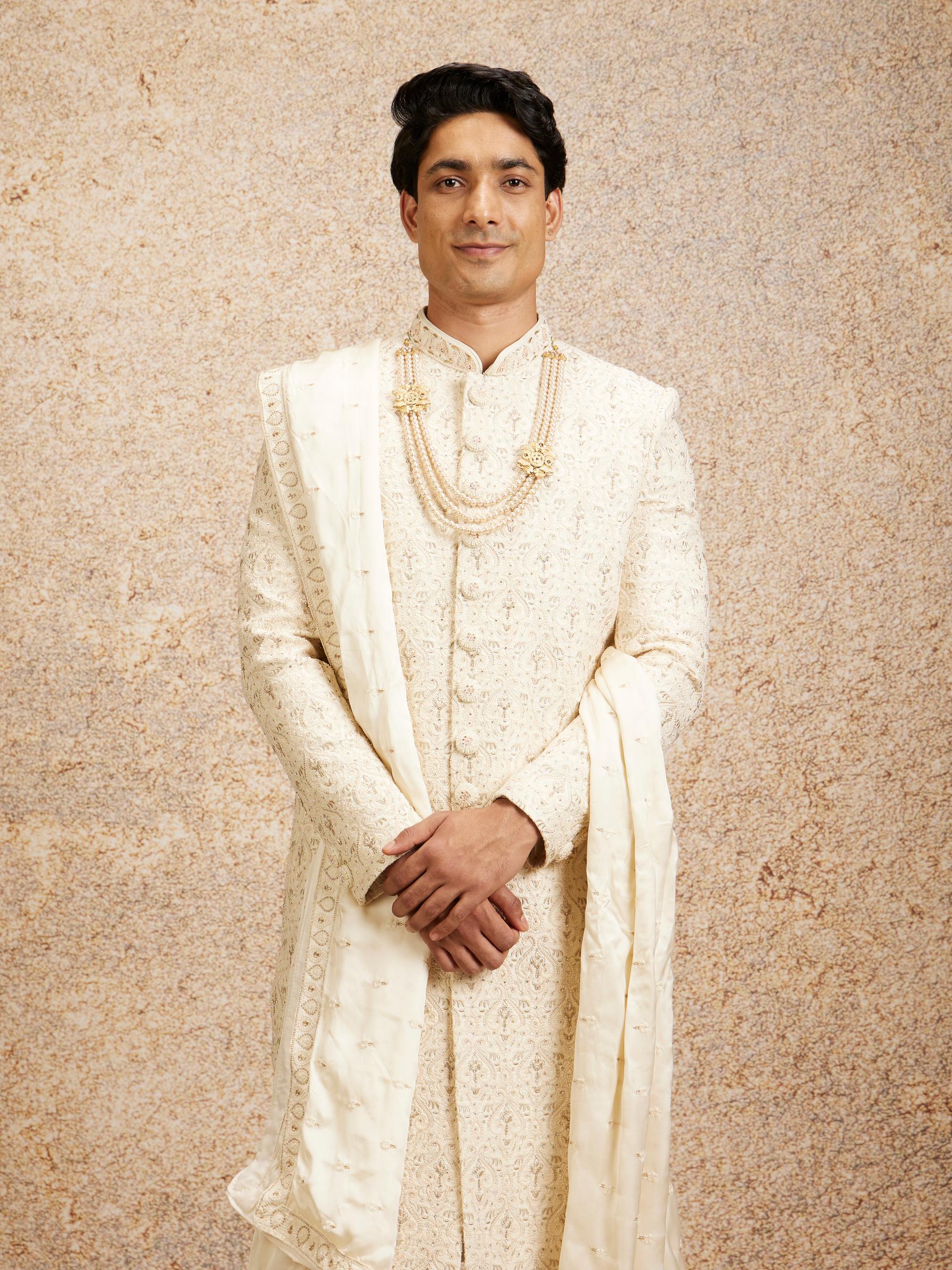 Twamev Men Cream Imperial Jaal Patterned Sherwani Set