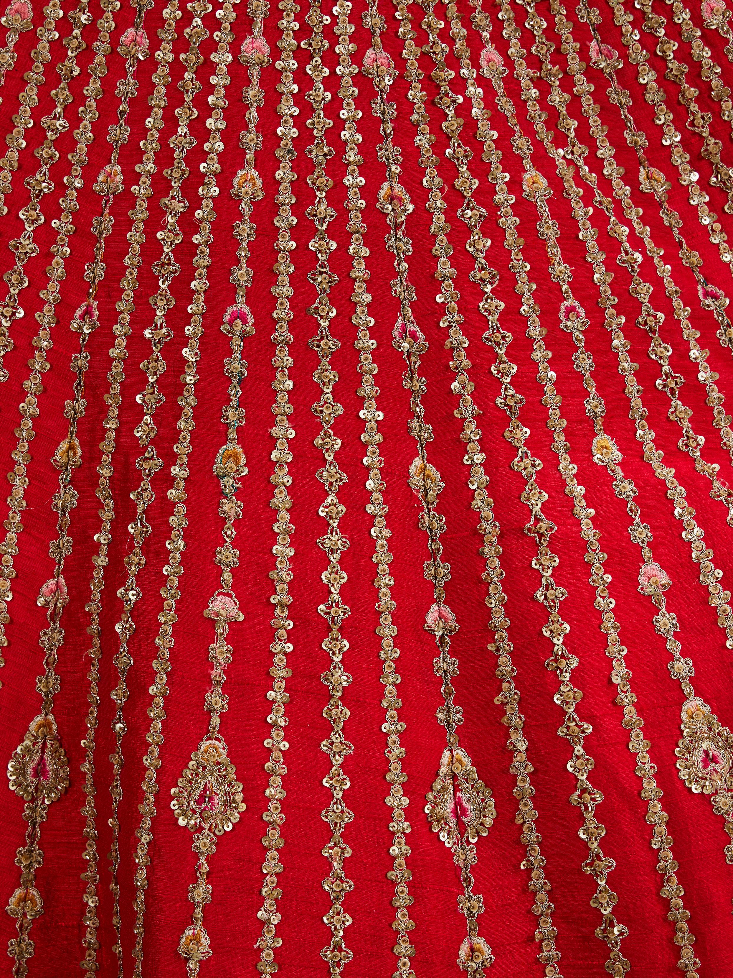 Twamev Women Rani Red Linear Patterned Lehenga with Floral Buta Motifs And Bel Buti Borders