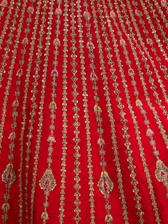 Twamev Women Rani Red Linear Patterned Lehenga with Floral Buta Motifs And Bel Buti Borders