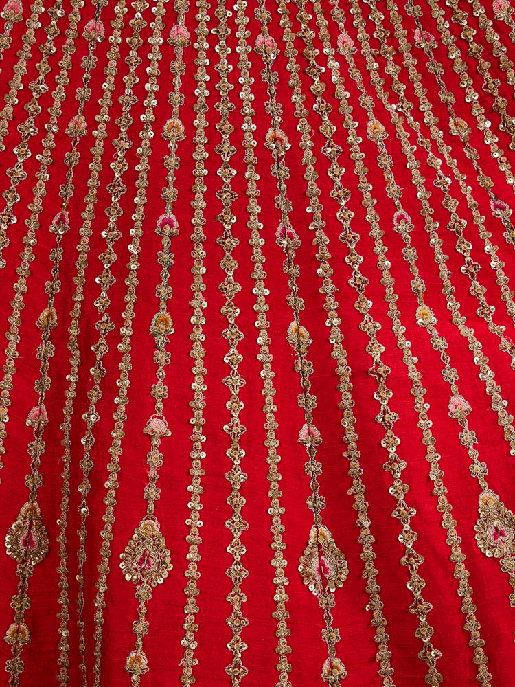Twamev Women Rani Red Linear Patterned Lehenga with Floral Buta Motifs And Bel Buti Borders