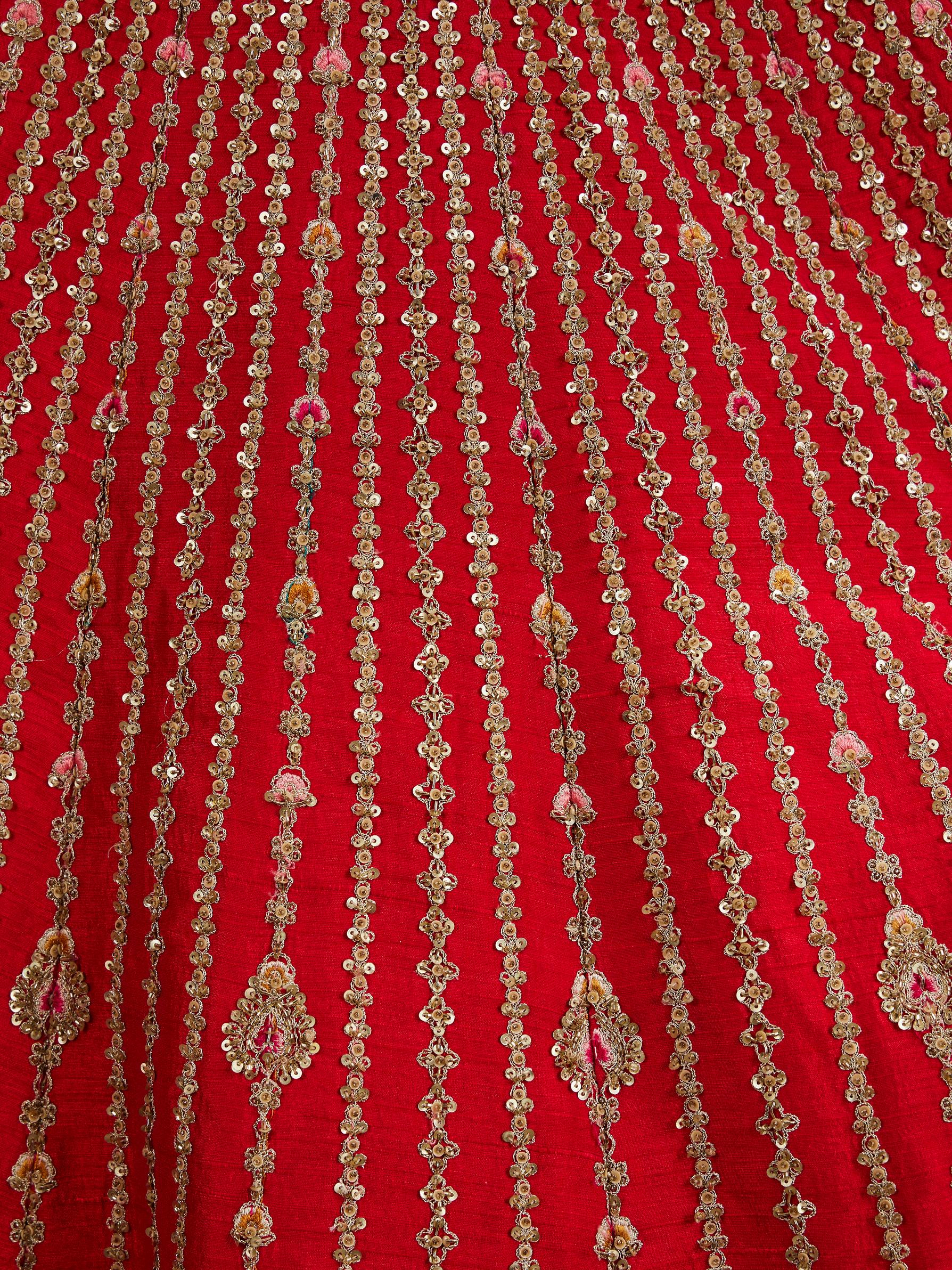 Twamev Women Rani Red Linear Patterned Lehenga with Floral Buta Motifs And Bel Buti Borders