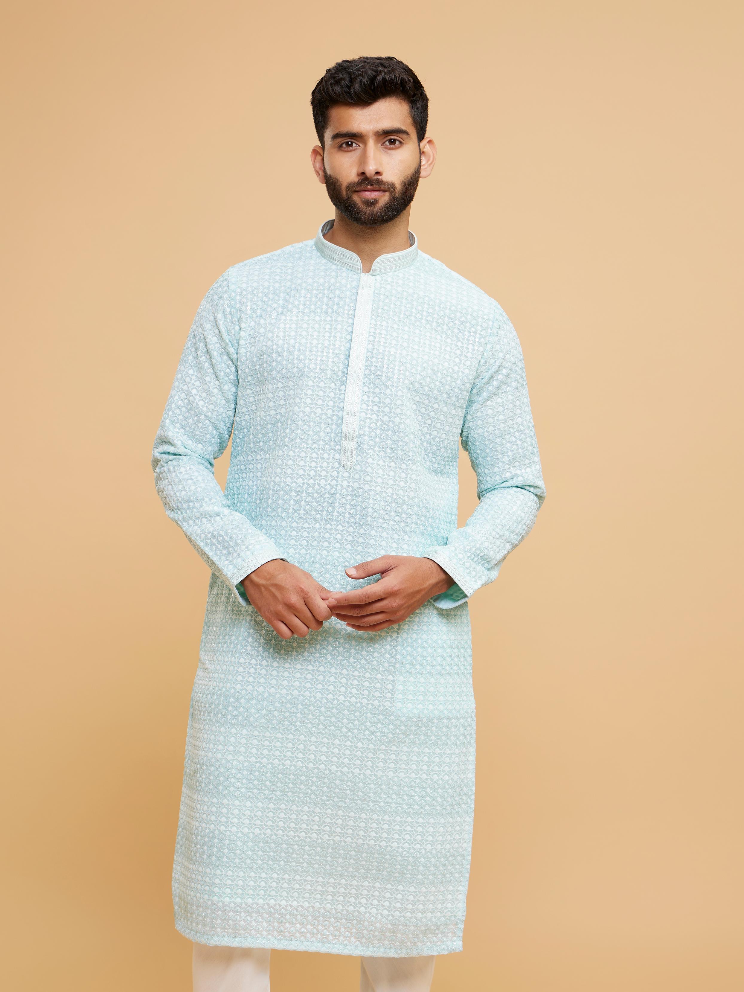 Twamev Men Aqua Green Georgette Kurta Pajama