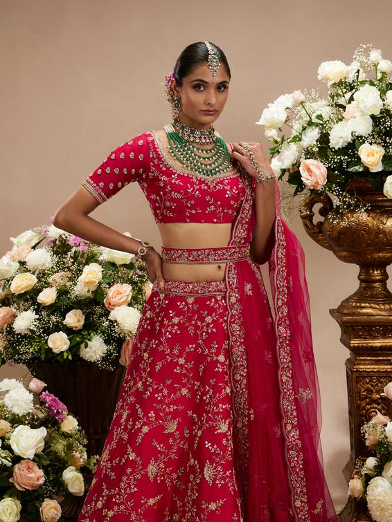 Twamev Women Rani Pink Bel Buti Embroidered Lehenga with Scalloped Borders And Pillow Trim Latkans