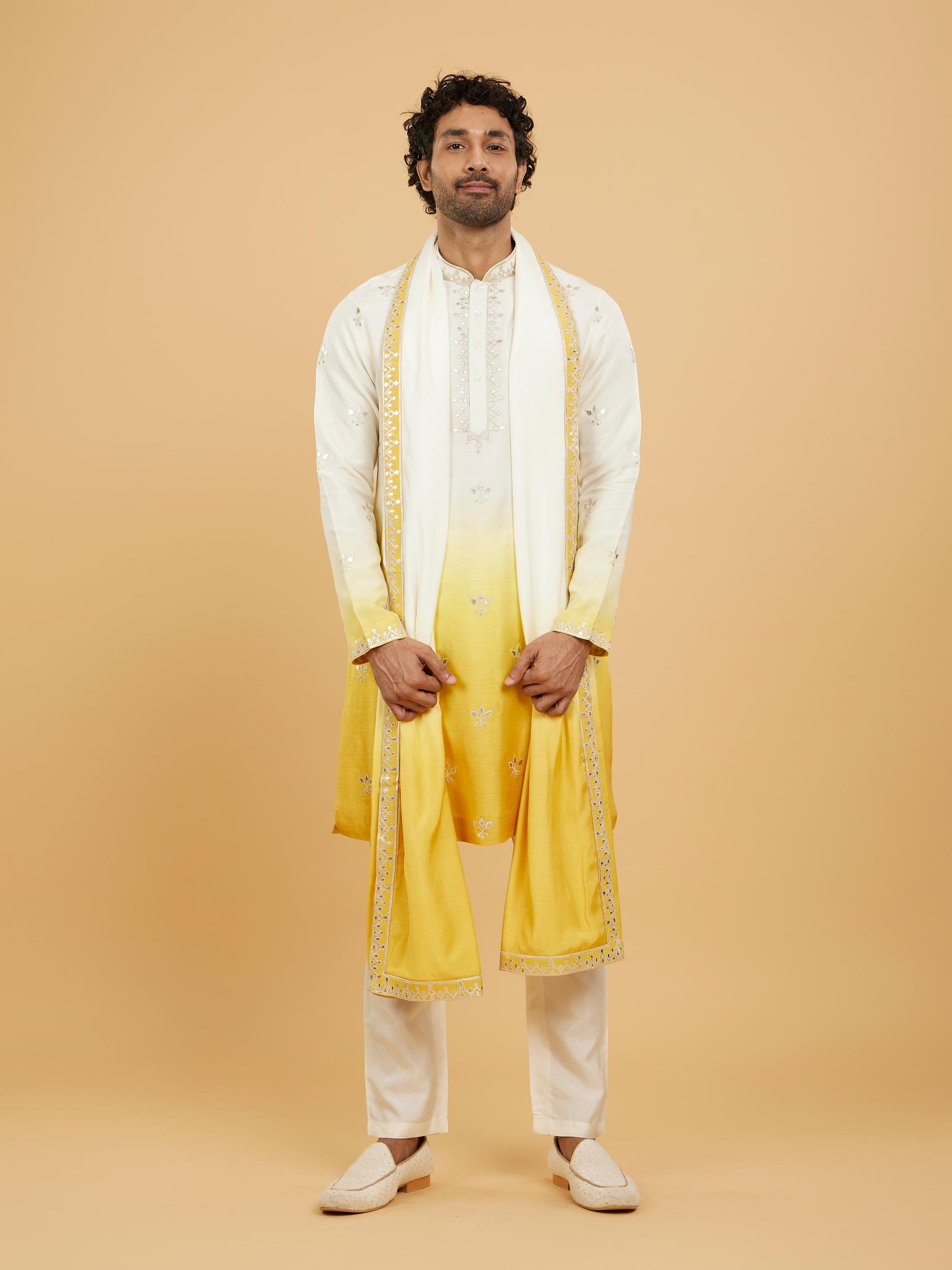 Twamev Men Twirling Mustard and Cream Kurta Set with Dupatta
